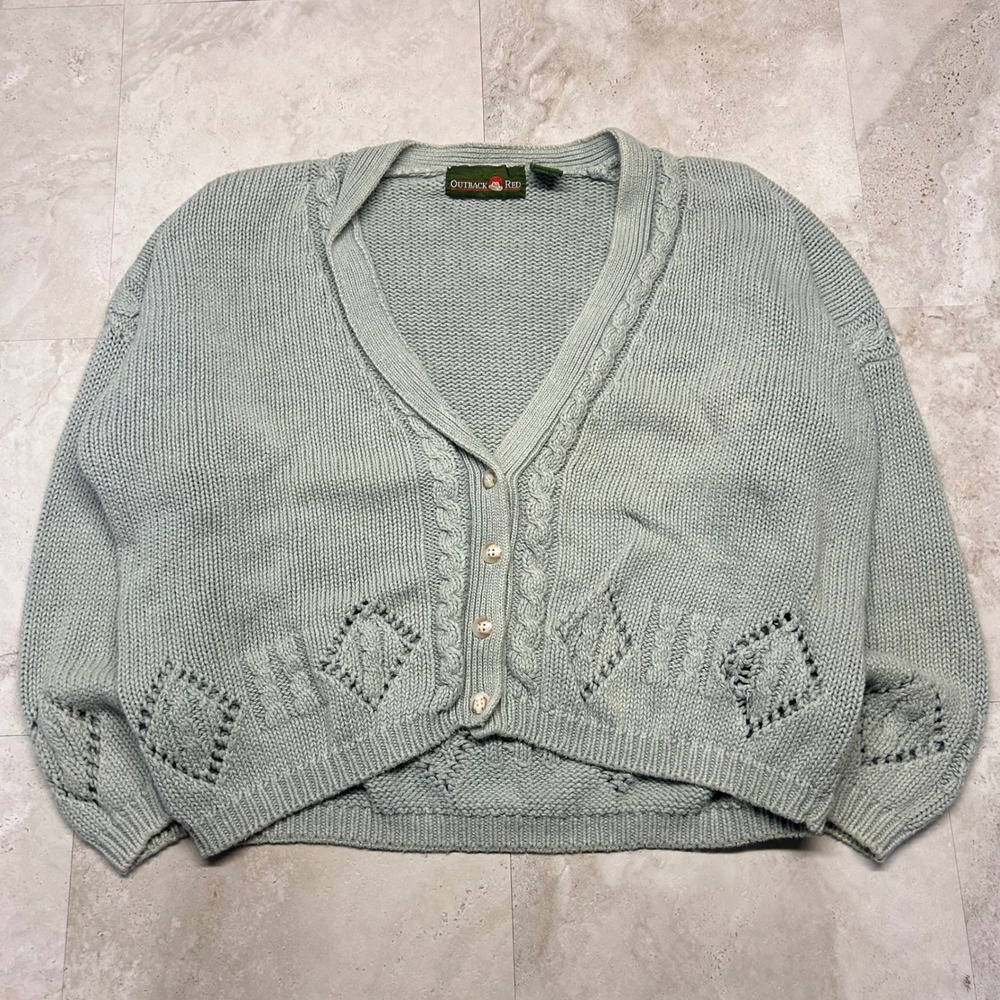 Outback Red Cardigan Sage Green Womens Medium Vintage Cable Knit Pointelle